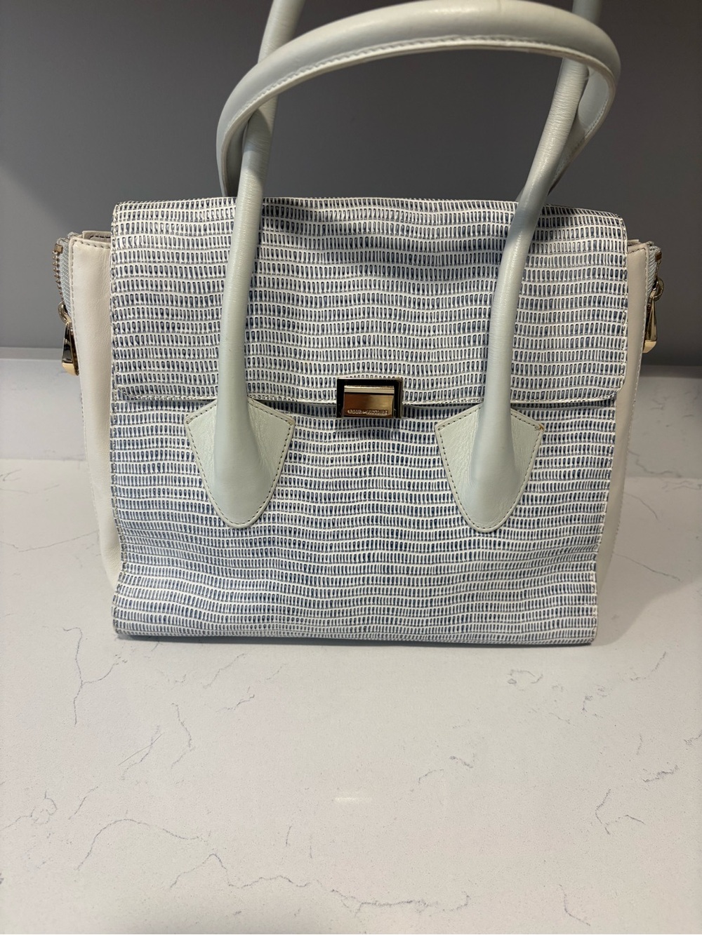 White/ navy Patterned Pour La VictoireTop-Handle Women's Tote